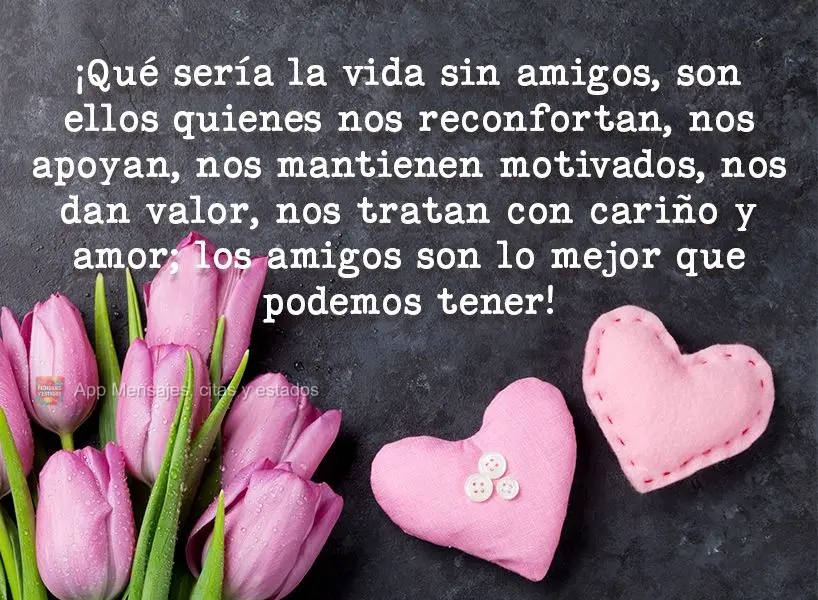 ¡Qué sería la vida sin amigos, son ellos quienes nos reconfortan, nos apoyan, nos mantienen motivados, nos dan valor, nos tratan con cariño y amor; l...