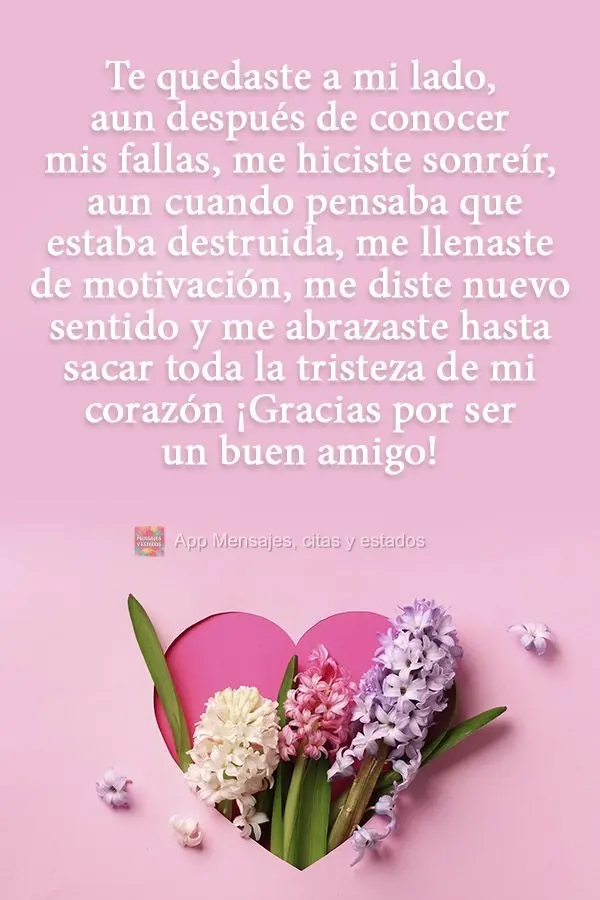 Te quedaste a mi lado, aun después de conocer mis fallas, me hiciste sonreír, aun cuando pensaba que estaba destruida, me llenaste de motivación, me d...