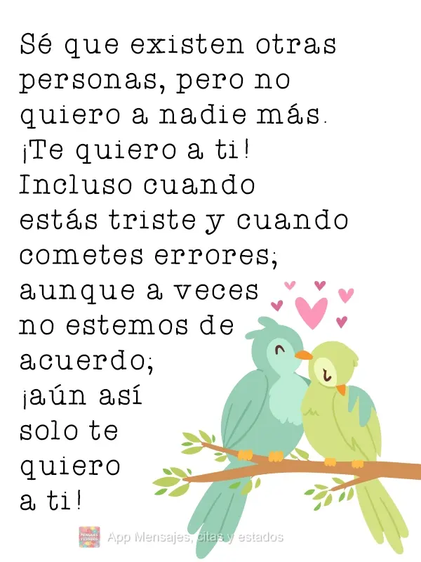 Sé que existen otras personas, pero no quiero a nadie más. ¡Te quiero a ti! Incluso cuando estás triste y cuando cometes errores; aunque a veces no e...