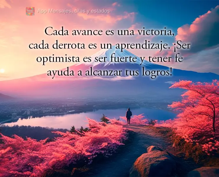 Cada avance es una victoria, cada derrota es un aprendizaje. ¡Ser optimista es ser fuerte y tener fe ayuda a alcanzar tus logros!