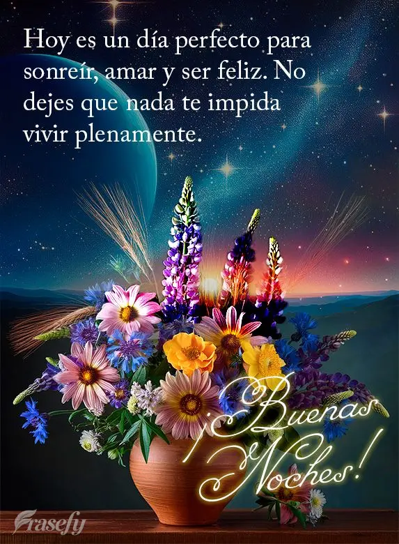 Hoje é o dia perfeito para sorrir, amar e ser feliz. Não deixe que nada te impeça de viver plenamente. Boa noite!