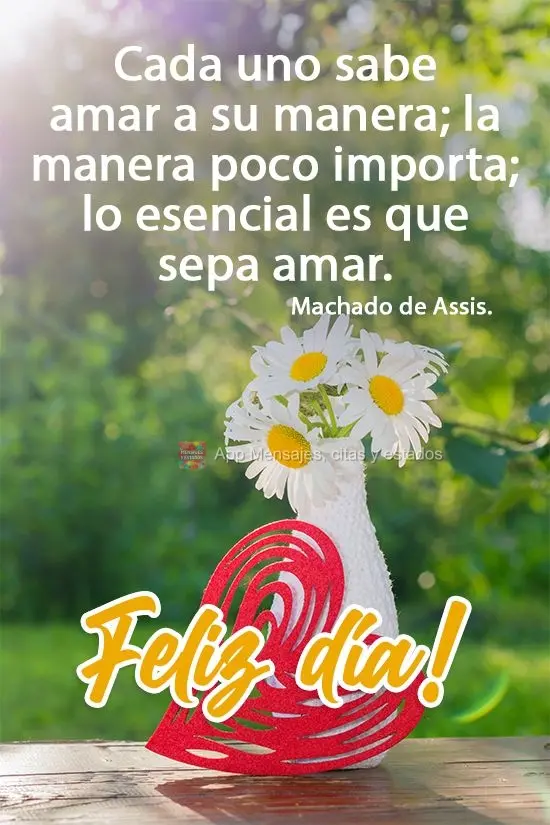 Cada uno sabe amar a su manera; la manera poco importa; lo esencial es que sepa amar. ¡Feliz día! Machado de Assis
