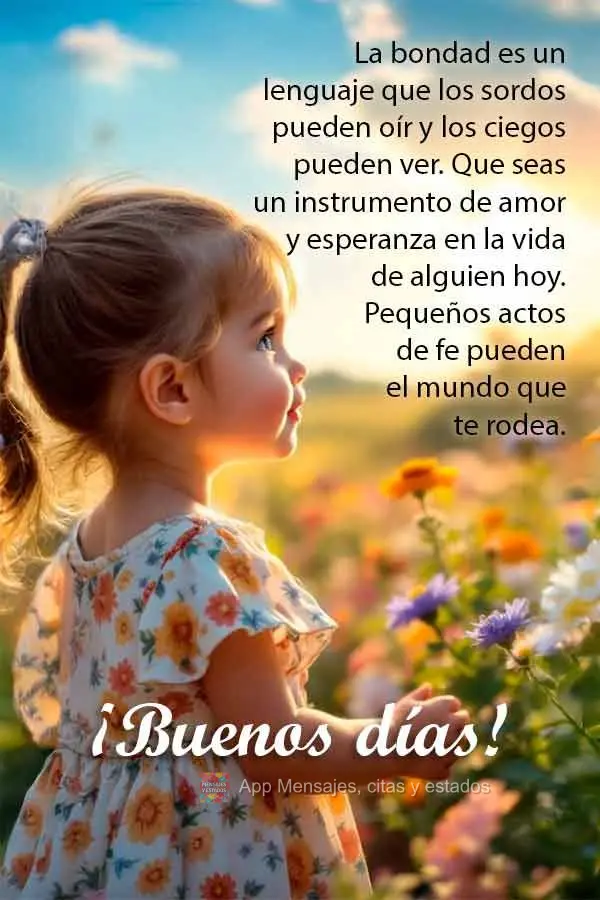 La bondad es un lenguaje que los sordos pueden oír y los ciegos pueden ver. Que seas un instrumento de amor y esperanza en la vida de alguien hoy. Peque...