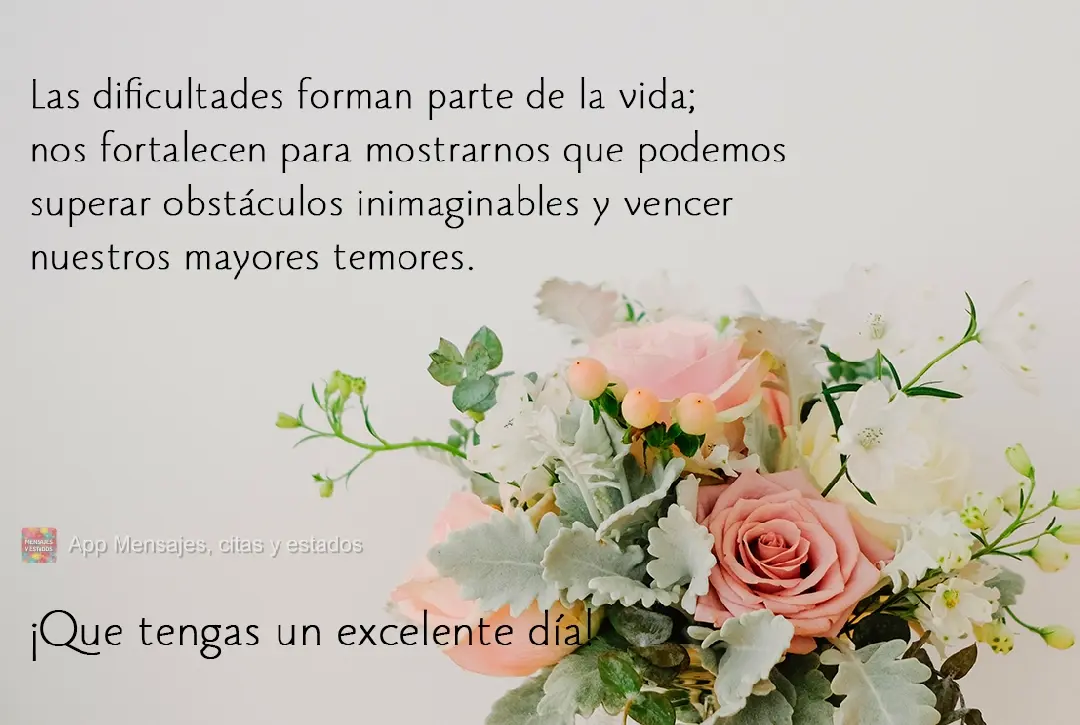 Las dificultades forman parte de la vida; nos fortalecen para mostrarnos que podemos superar obstáculos inimaginables y vencer nuestros mayores temores....