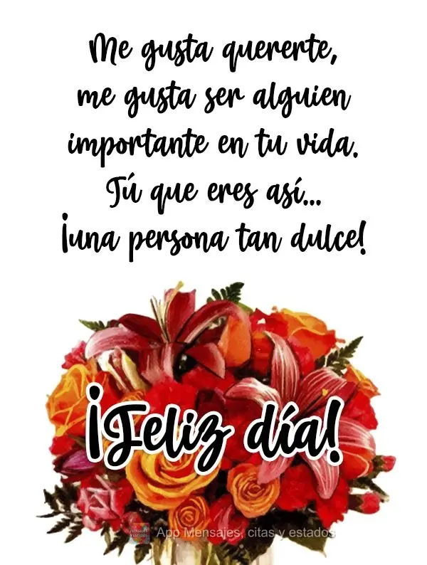 Me gusta quererte, me gusta ser alguien importante en tu vida. Tú que eres así... ¡una persona tan dulce! ¡Feliz día!
