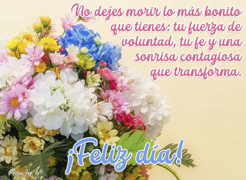 No dejes morir lo más bonito que tienes: tu fuerza de voluntad, tu fe y una sonrisa contagiosa que transforma. ¡Feliz día!