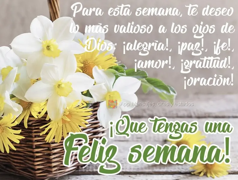 Para esta semana, te deseo lo más valioso a los ojos de Dios: ¡alegría!, ¡paz!, ¡fe!, ¡amor!, ¡gratitud!, ¡oración! ¡Que tengas una feliz seman...