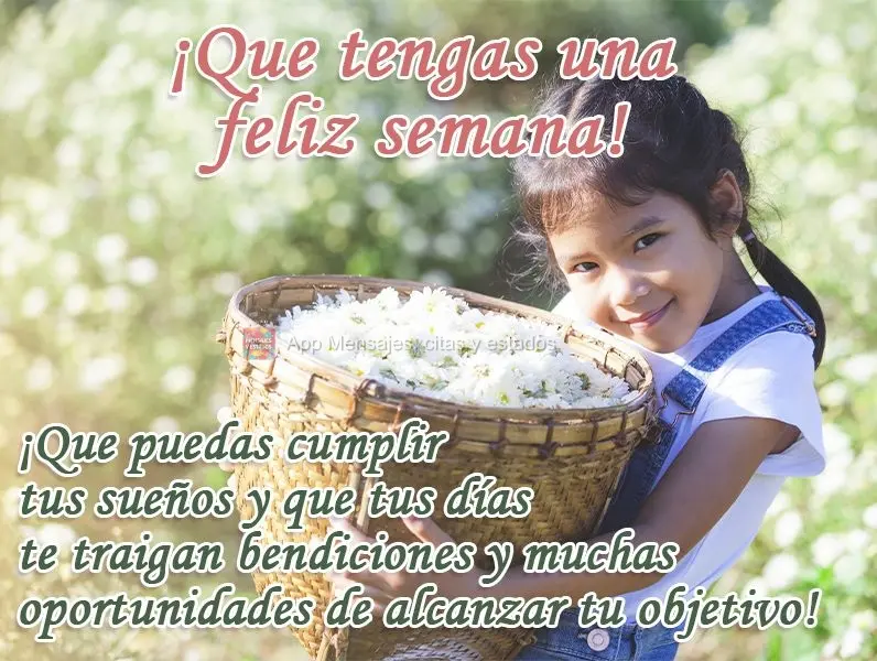 ¡Que puedas cumplir tus sueños y que tus días te traigan bendiciones y muchas oportunidades de alcanzar tu objetivo! ¡Que tengas una feliz semana!