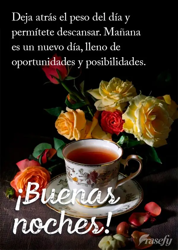 Deja atrás el peso del día y permítete descansar. Mañana es un nuevo día, lleno de oportunidades y posibilidades. ¡Buenas noches!