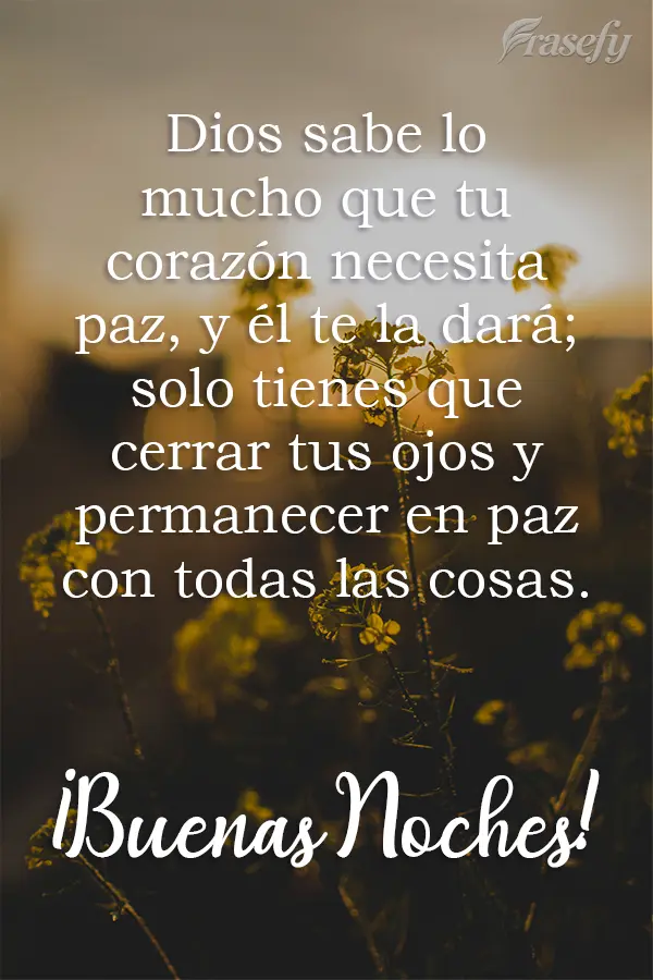 Dios sabe lo mucho que tu corazón necesita paz, y él te la dará; solo tienes que cerrar tus ojos y permanecer en paz con todas las cosas. ¡Buenas noc...