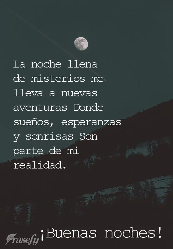 La noche llena de misterios me lleva a nuevas aventuras Donde sueños, esperanzas y sonrisas Son parte de mi realidad. ¡Buenas noches!