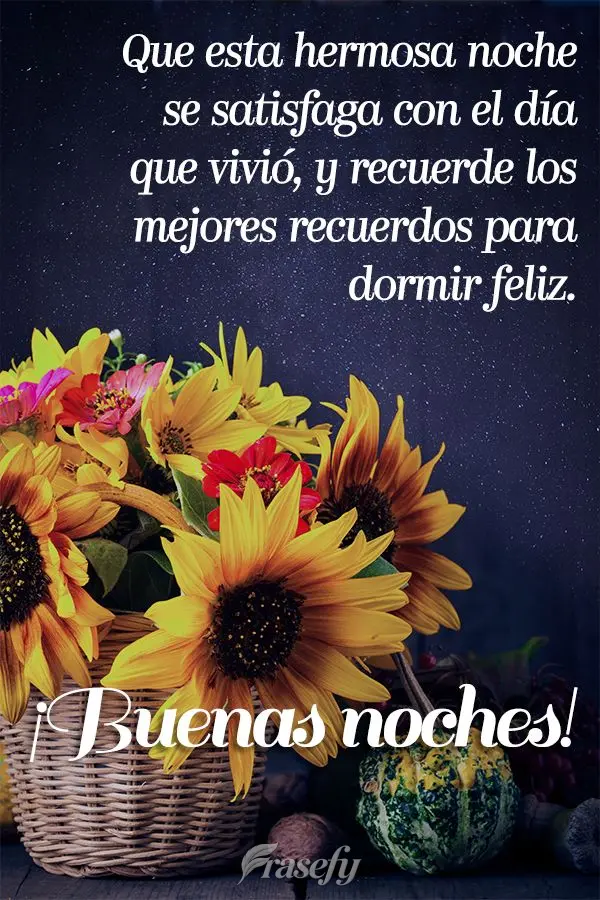 Que esta hermosa noche se satisfaga con el día que vivió, y recuerde los mejores recuerdos para dormir feliz. ¡Buenas noches!