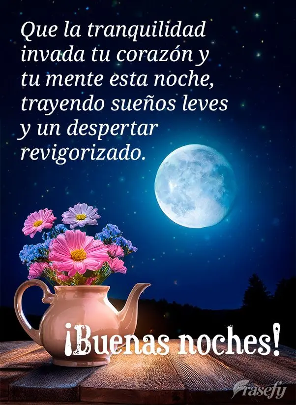 Que la tranquilidad invada tu corazón y tu mente esta noche, trayendo sueños leves y un despertar revigorizado.  ¡Buenas noches!