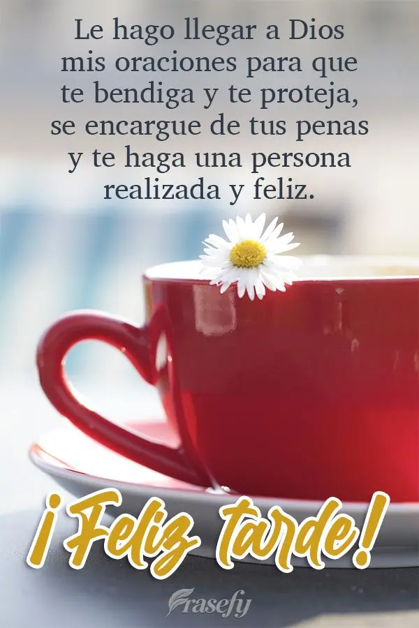 Le hago llegar a Dios mis oraciones para que te bendiga y te proteja, se encargue de tus penas y te haga una persona realizada y feliz. ¡Feliz tarde!