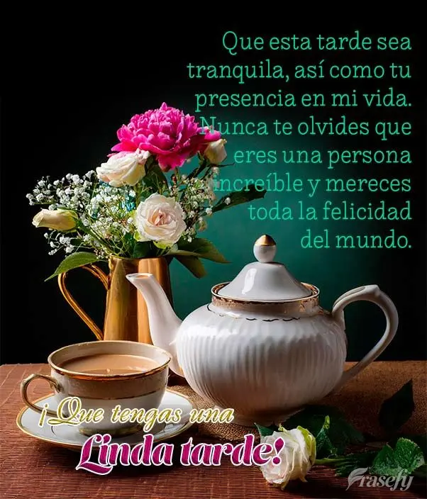 Que esta tarde sea tranquila, así como tu presencia en mi vida. Nunca te olvides que eres una persona increíble y mereces toda la felicidad del mundo. ...