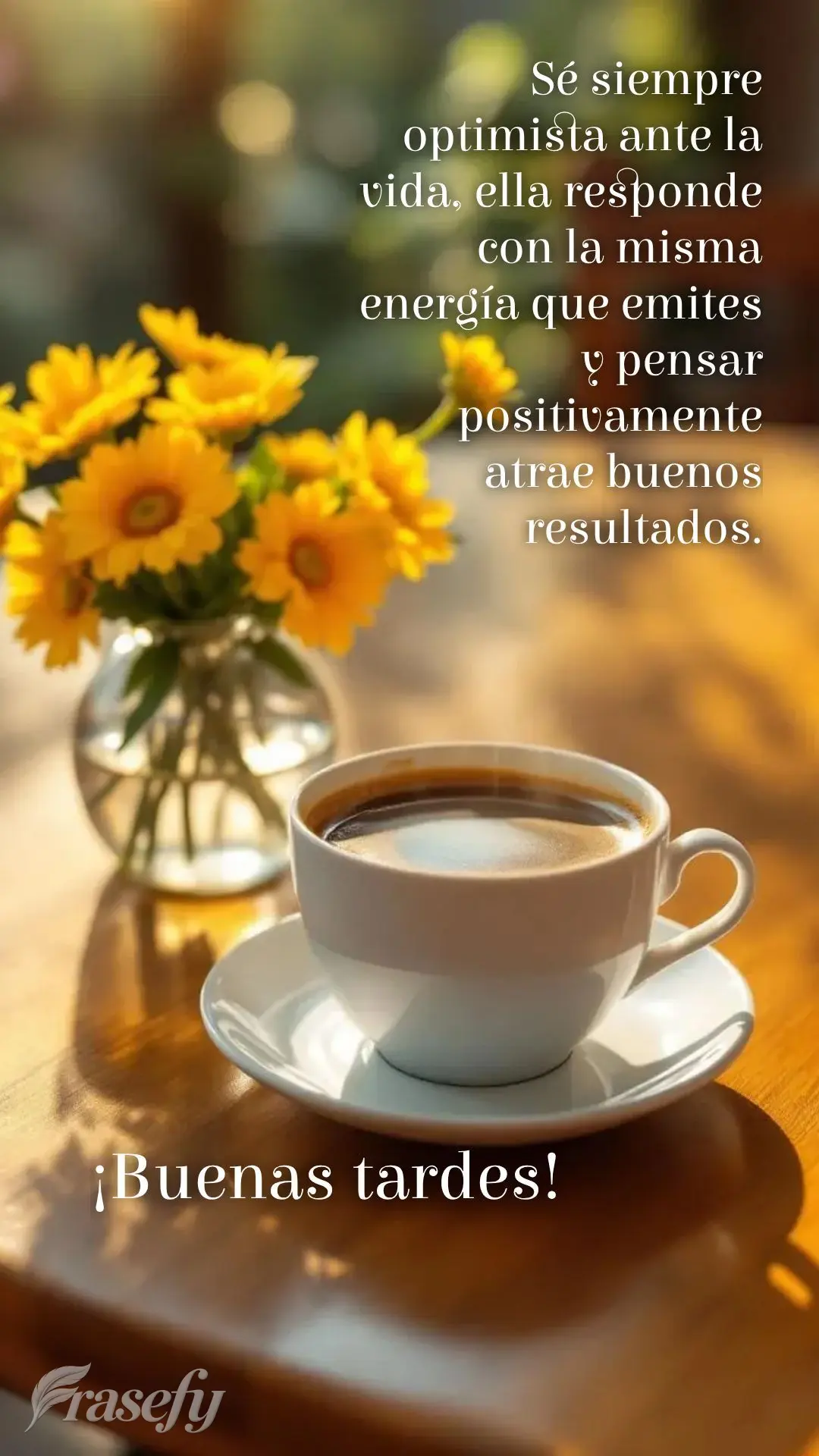 Sé siempre optimista ante la vida, ella responde con la misma energía que emites y pensar positivamente atrae buenos resultados. ¡Buenas tardes!