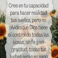 Cree en tu capacidad para hacer realidad tus sueños, pero no olvides que Dios tiene el control de todas las cosas, sin fe y sin gratitud, todas tus luch...