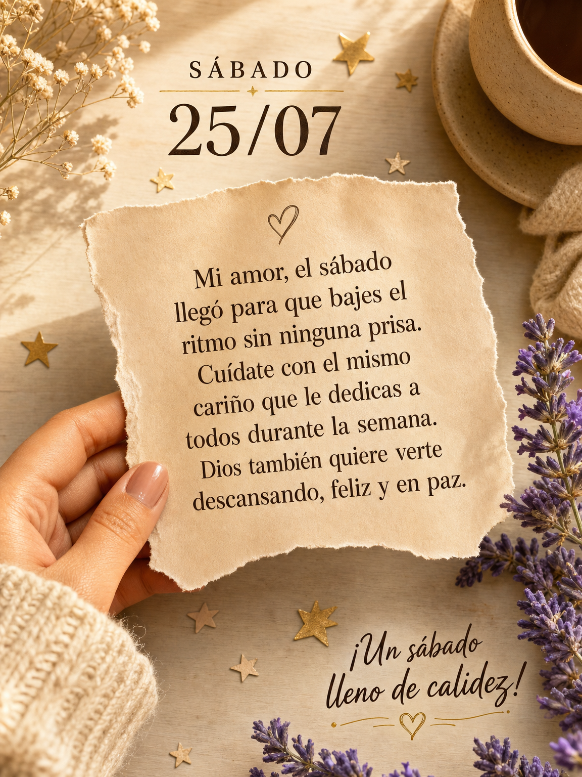 Meu bem, o sábado chegou pra você desacelerar sem pressa nenhuma. Cuide de você com o mesmo carinho que dedica a todo mundo durante a semana. Deus tam...