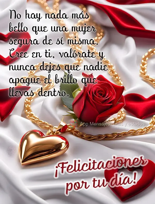 No hay nada más bello que una mujer segura de sí misma. Cree en ti, valórate y nunca dejes que nadie apague el brillo que llevas dentro. ¡Felicitacio...