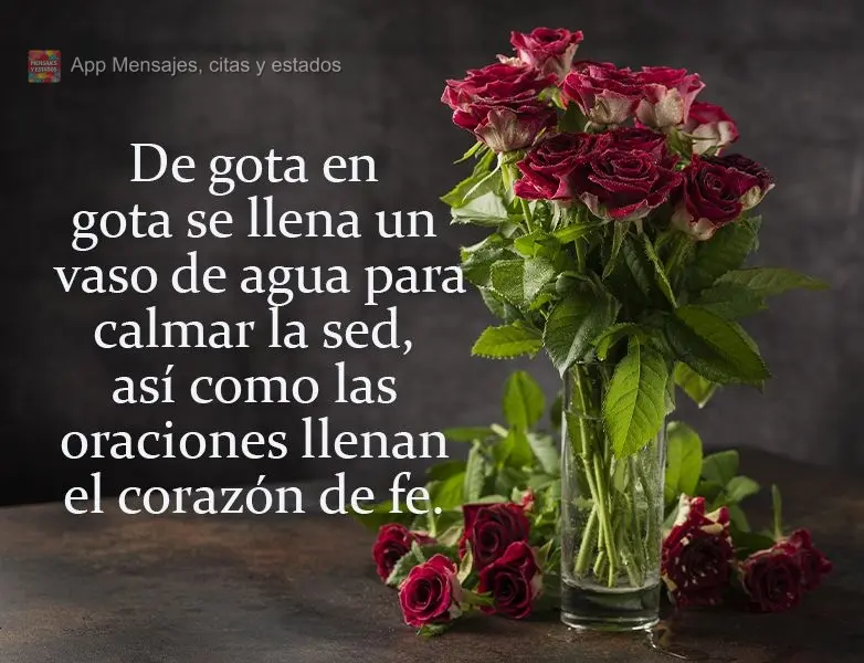 De gota en gota se llena un vaso de agua para calmar la sed, así como las oraciones llenan el corazón de fe.