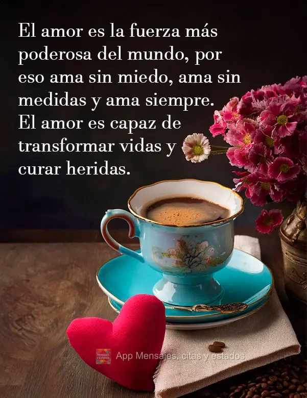El amor es la fuerza más poderosa del mundo, por eso ama sin miedo, ama sin medidas y ama siempre. El amor es capaz de transformar vidas y curar heridas...