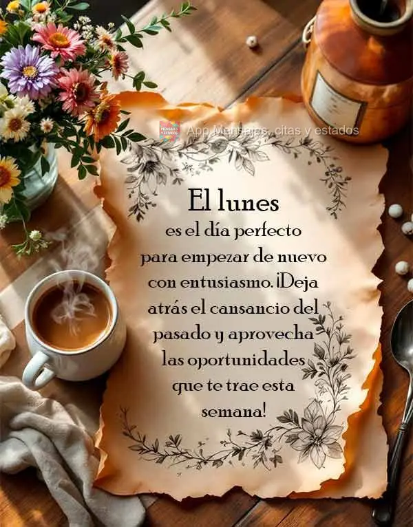 El lunes es el día perfecto para empezar de nuevo con entusiasmo. ¡Deja atrás el cansancio del pasado y aprovecha las oportunidades que te trae esta s...