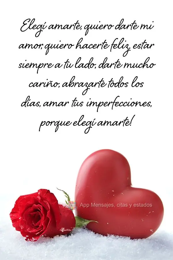 Elegí amarte, quiero darte mi amor, quiero hacerte feliz, estar siempre a tu lado, darte mucho cariño, abrazarte todos los días, amar tus imperfeccion...
