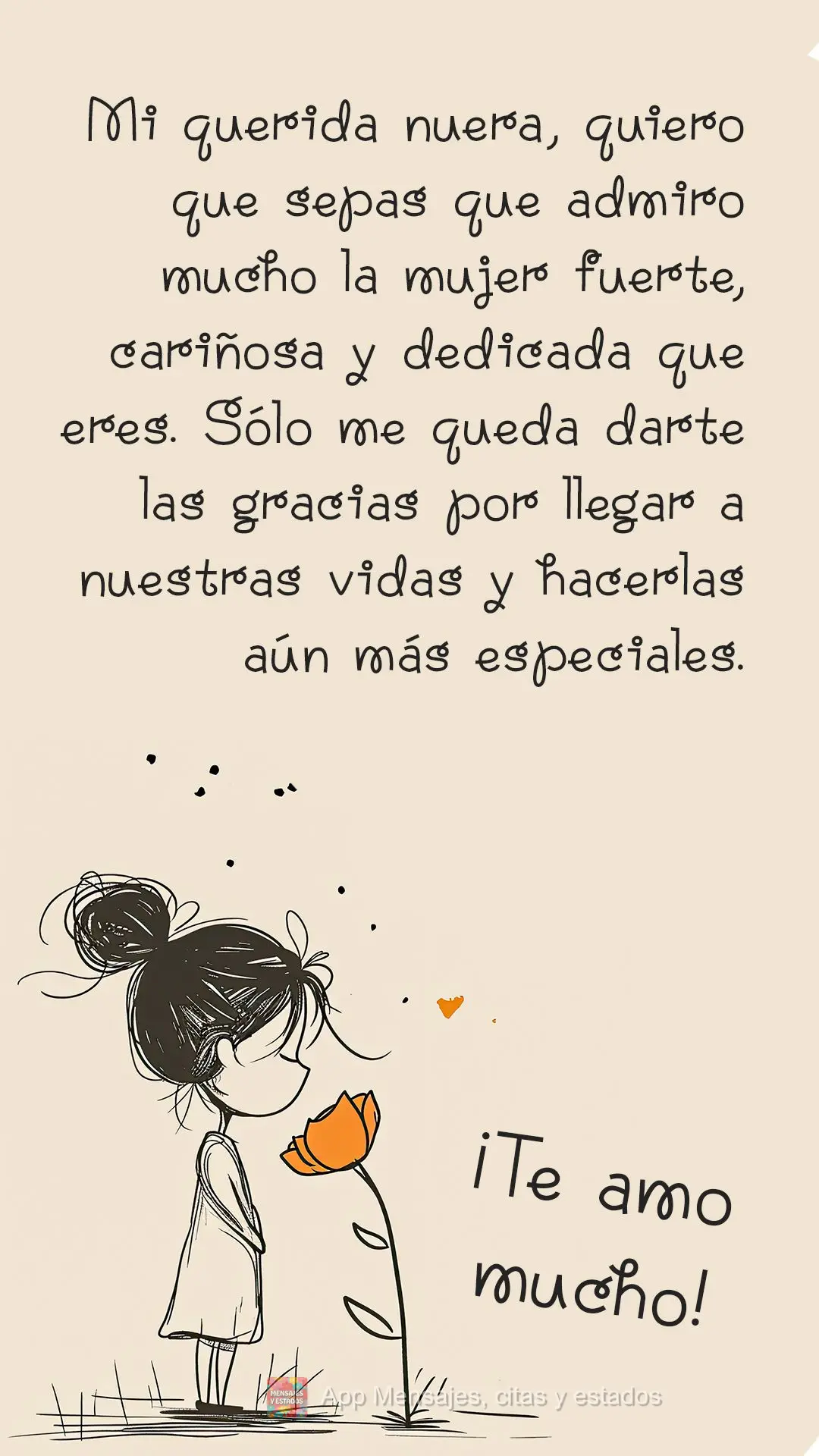 Mi querida nuera, quiero que sepas que admiro mucho la mujer fuerte, cariñosa y dedicada que eres. Sólo me queda darte las gracias por llegar a nuestra...