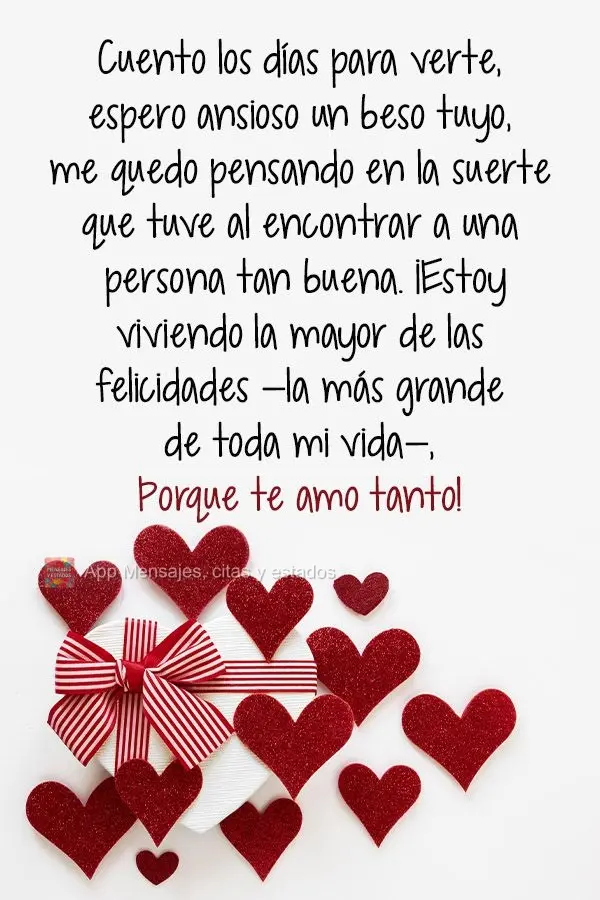 Cuento los días para verte, espero ansioso un beso tuyo, me quedo pensando en la suerte que tuve al encontrar a una persona tan buena. ¡Estoy viviendo ...