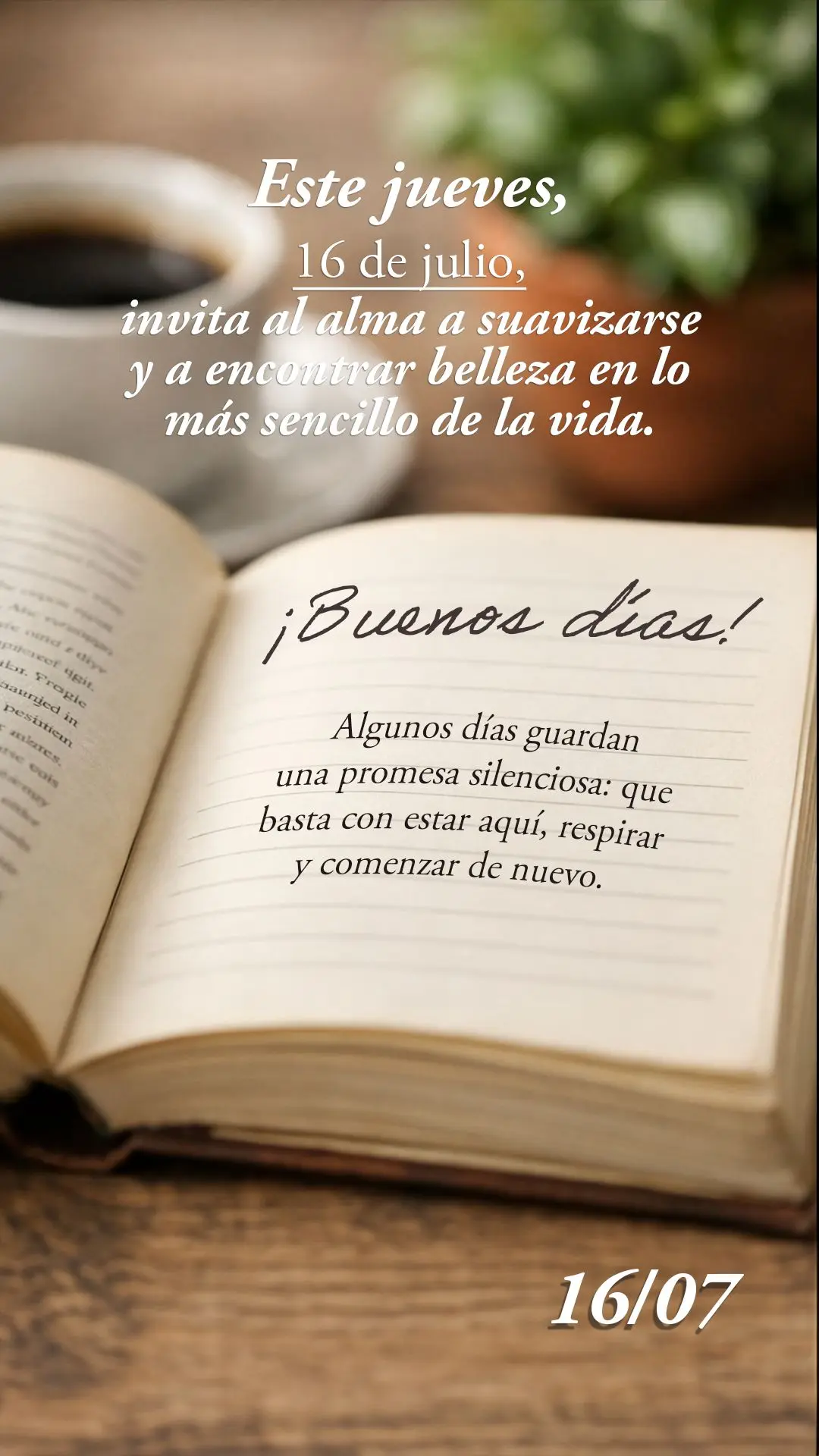 Algunos días guardan una promesa silenciosa: que basta con estar aquí, respirar y comenzar de nuevo. Este jueves, 16 de julio, invita al alma a suaviza...