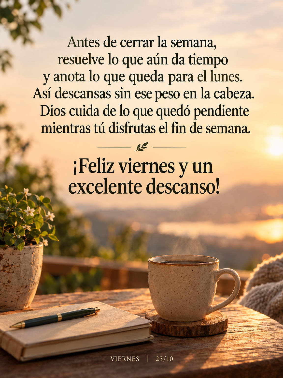 Antes de cerrar la semana, resuelve lo que aún da tiempo y anota lo que queda para el lunes. Así descansas sin ese peso en la cabeza. Dios cuida de lo ...