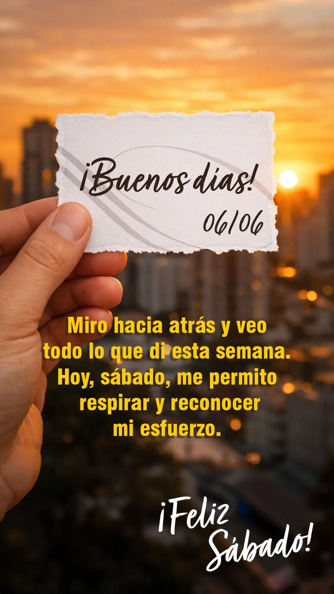 Buen día. Miro hacia atrás y veo todo lo que di esta semana. Hoy, sábado, me permito respirar y reconocer mi esfuerzo.