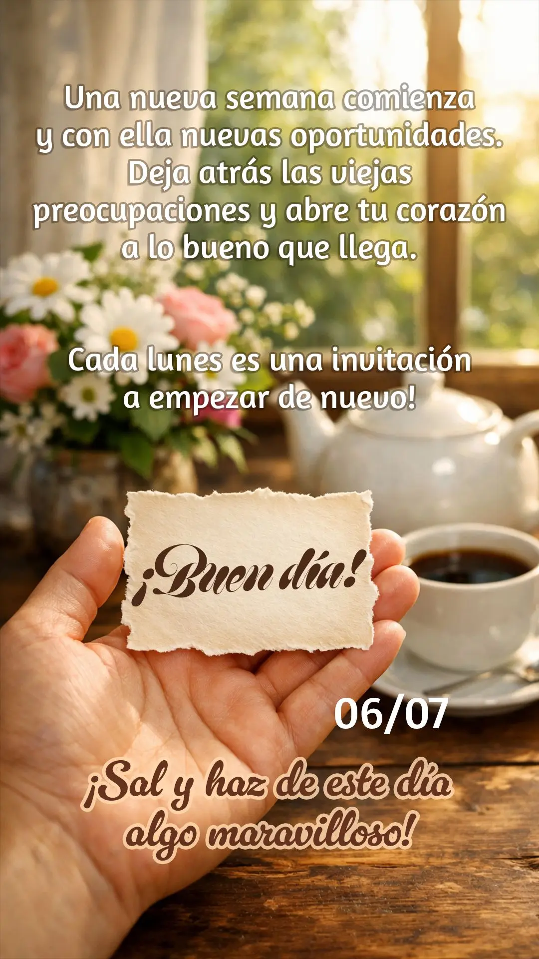 ¡Buen día! Una nueva semana comienza y con ella nuevas oportunidades. Deja atrás las viejas preocupaciones y abre tu corazón a lo bueno que llega. Ca...