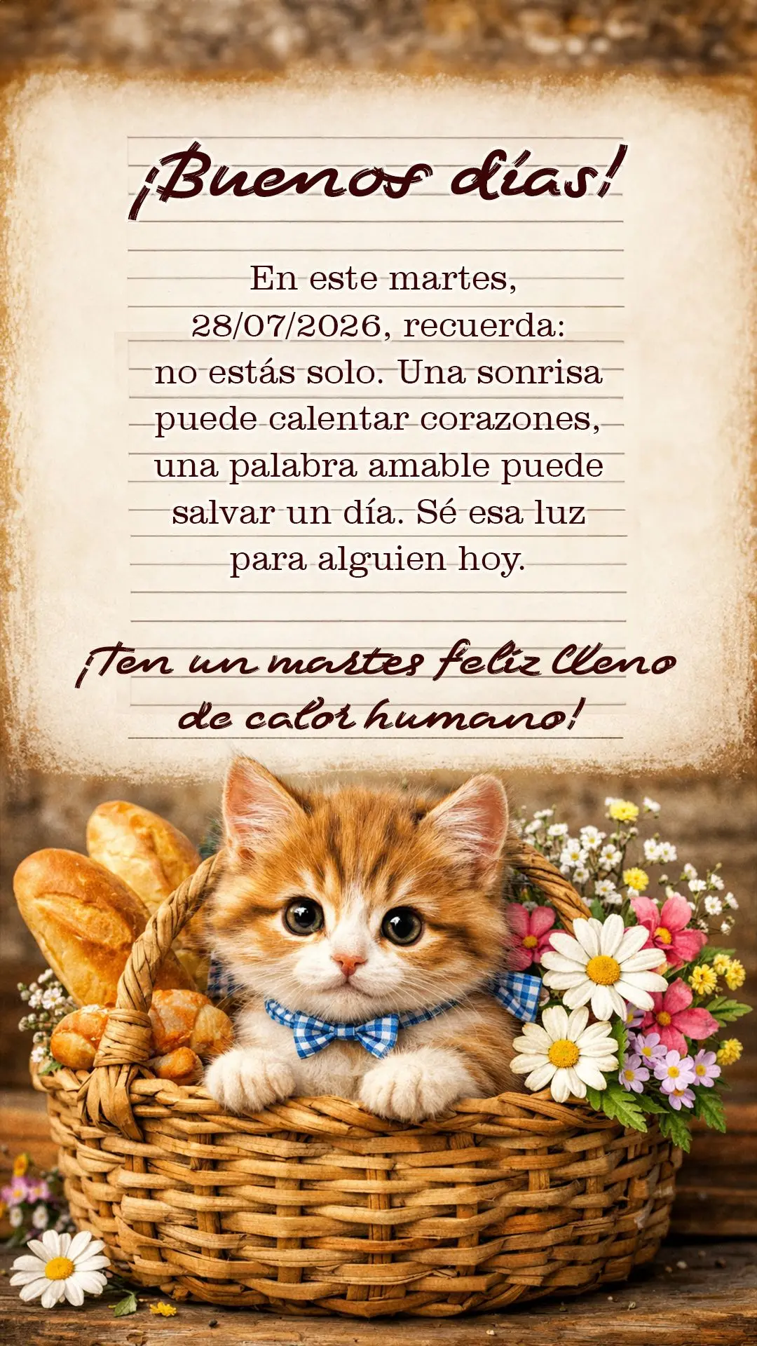 ¡Buenos días! En este martes, 28/07/2026, recuerda: no estás solo. Una sonrisa puede calentar corazones, una palabra amable puede salvar un día. Sé ...
