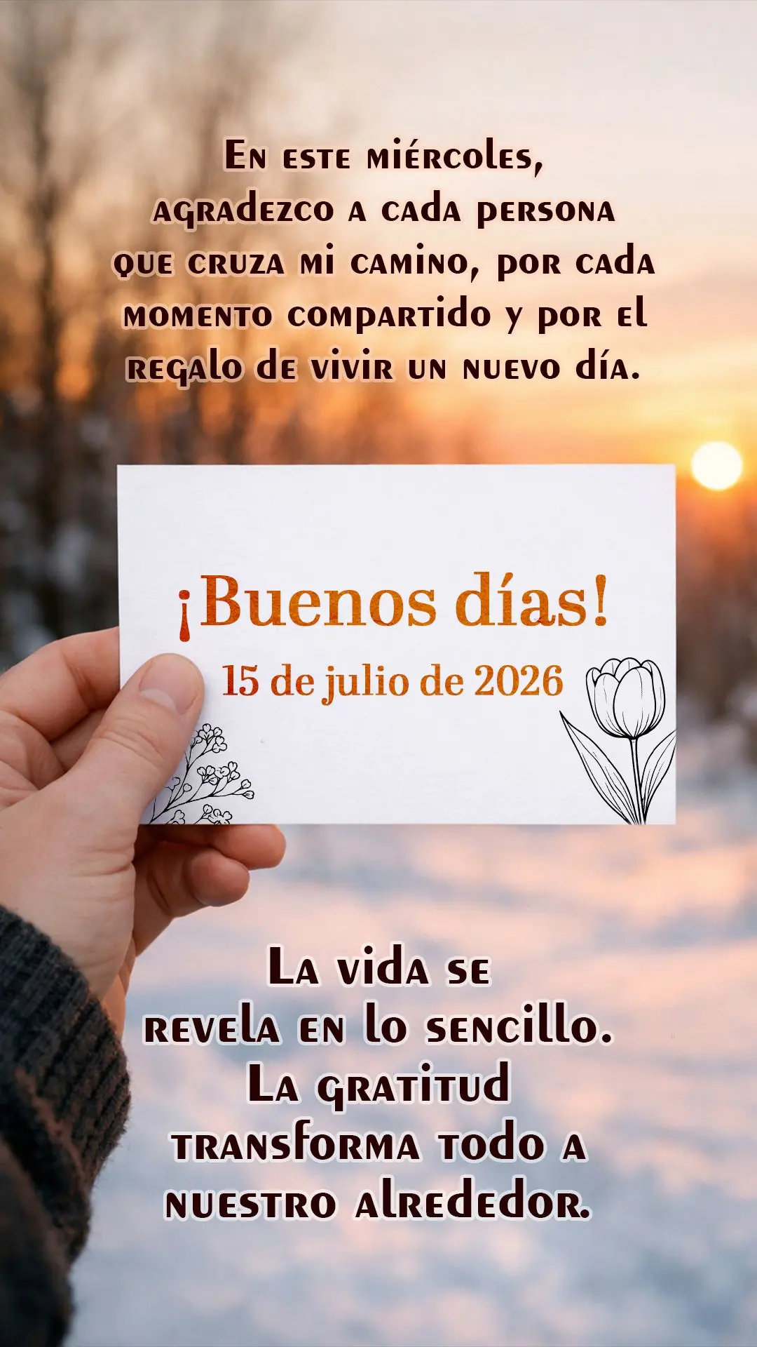 ¡Buenos días! En este miércoles, agradezco a cada persona que cruza mi camino, por cada momento compartido y por el regalo de vivir un nuevo día. La ...