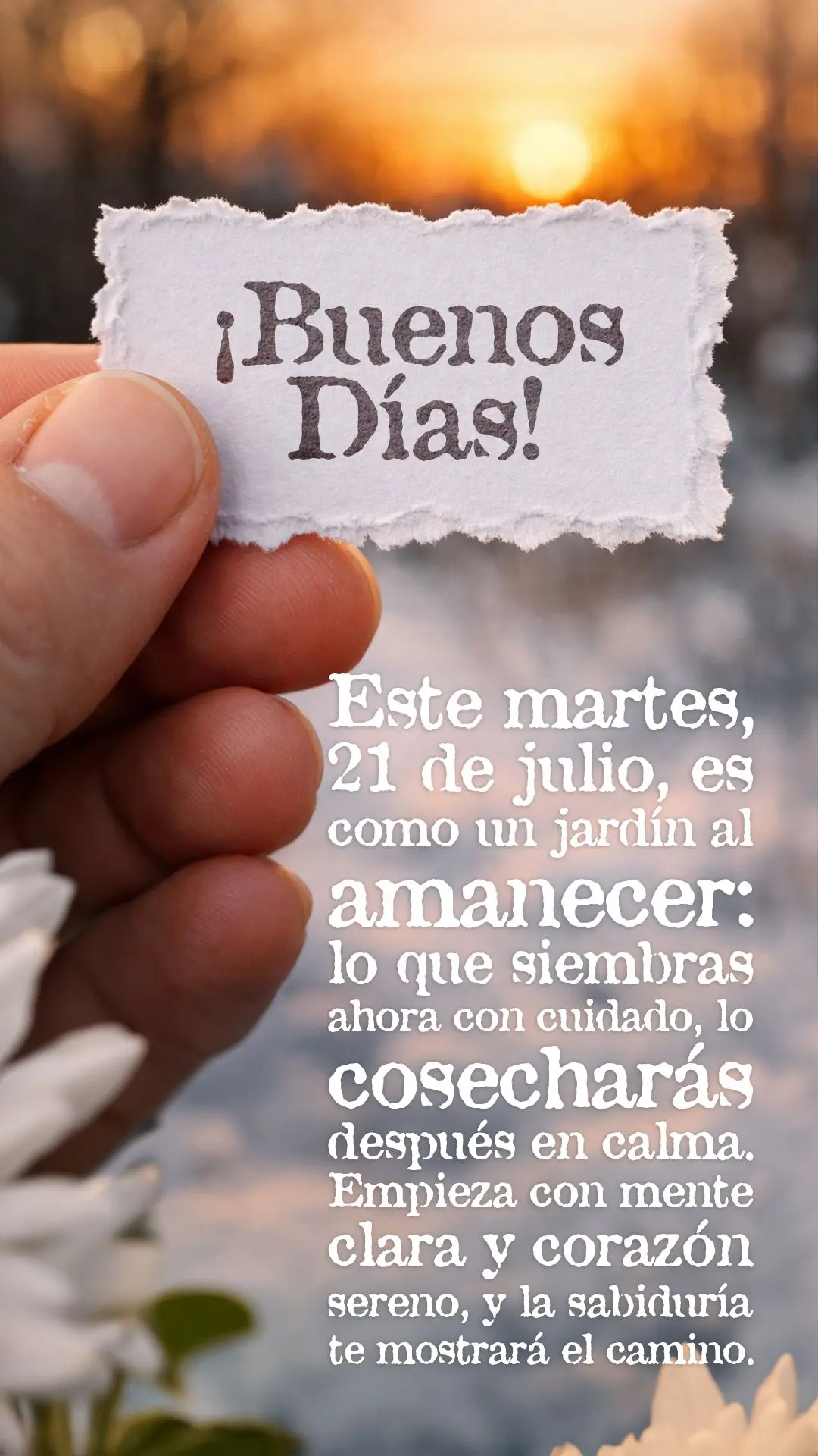 ¡Buenos días! Este martes, 21 de julio, es como un jardín al amanecer: lo que siembras ahora con cuidado, lo cosecharás después en calma. Empieza co...