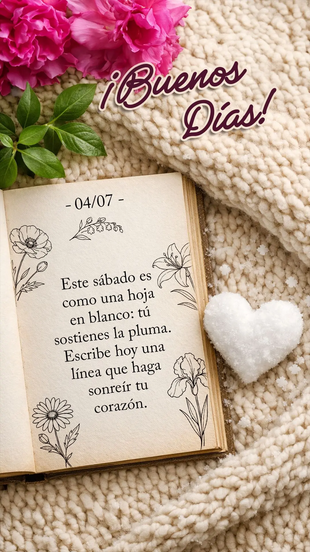 ¡Buenos días! Este sábado es como una hoja en blanco: tú sostienes la pluma. Escribe hoy una línea que haga sonreír tu corazón.