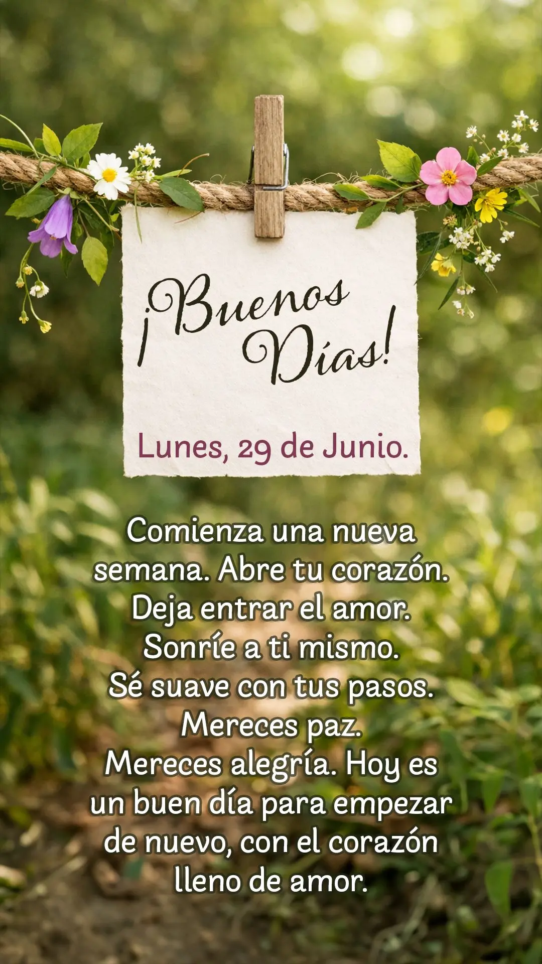 Buenos días, lunes, 29 de junio. Comienza una nueva semana. Abre tu corazón. Deja entrar el amor. Sonríe a ti mismo. Sé suave con tus pasos. Mereces ...