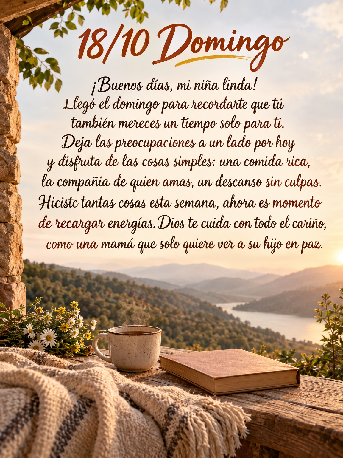 ¡Buenos días, mi niña linda! Llegó el domingo para recordarte que tú también mereces un tiempo solo para ti. Deja las preocupaciones a un lado por ...