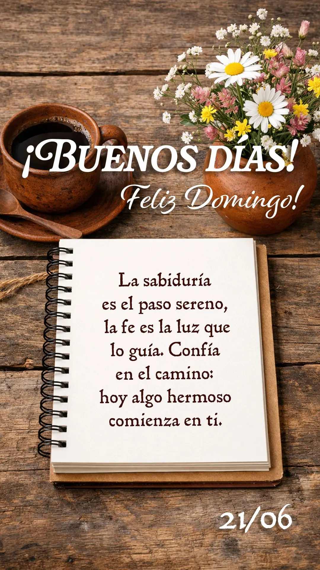 ¡Buenos días y feliz domingo, 21 de junio! La sabiduría es el paso sereno, la fe es la luz que lo guía. Confía en el camino: hoy algo hermoso comien...