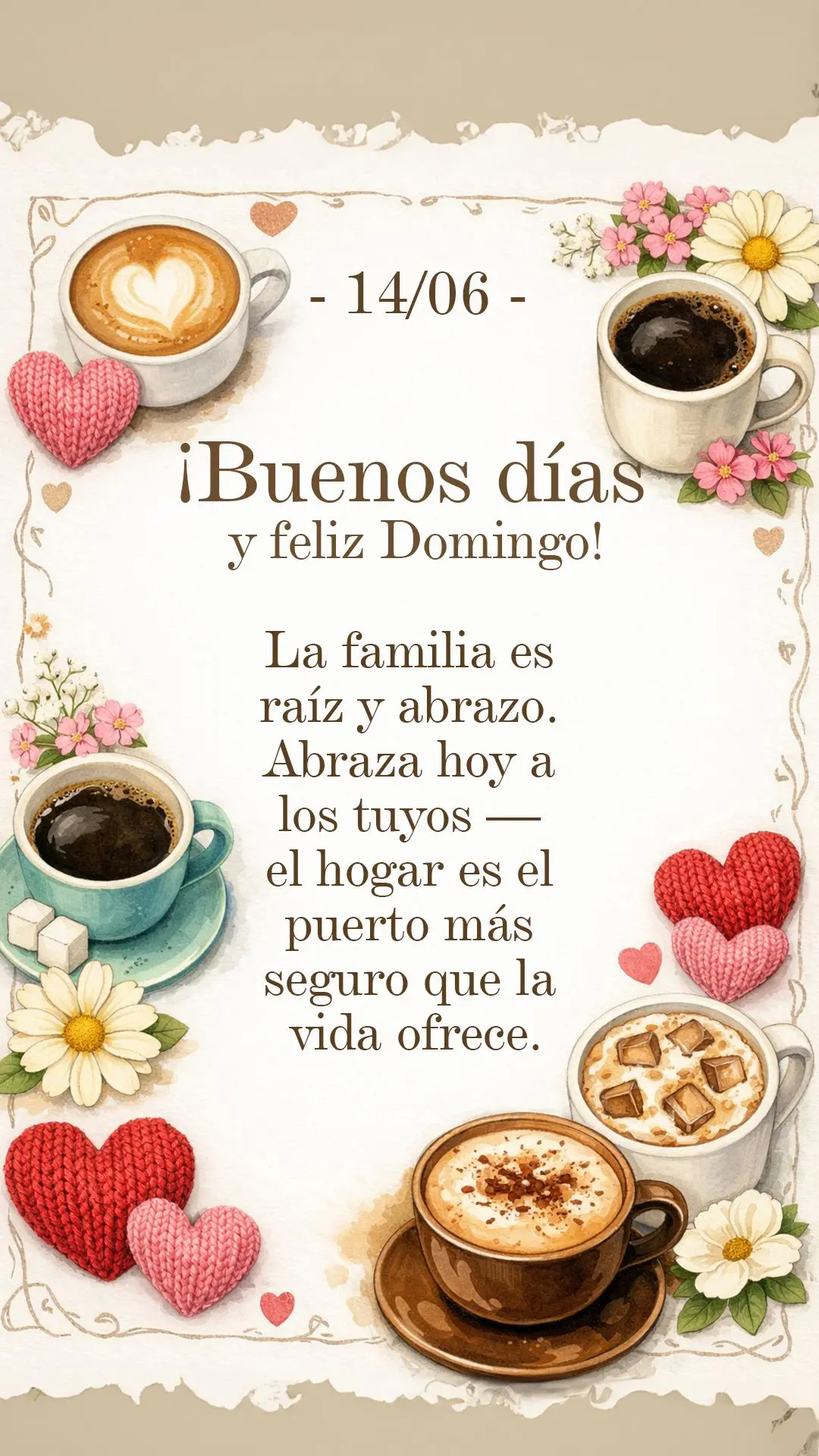 ¡Buenos días y feliz domingo! La familia es raíz y abrazo. Abraza hoy a los tuyos — el hogar es el puerto más seguro que la vida ofrece.