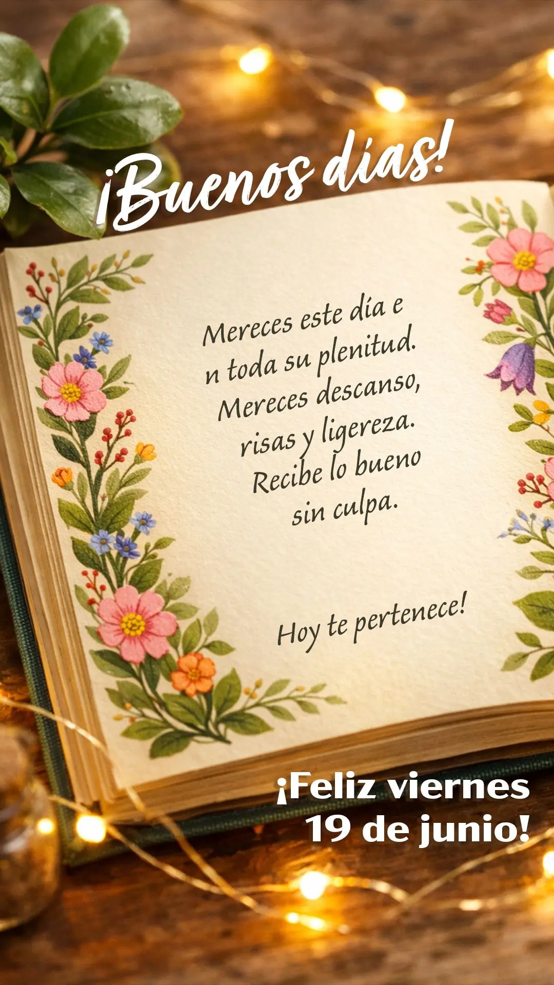 ¡Buenos días y feliz viernes 19 de junio! Mereces este día en toda su plenitud. Mereces descanso, risas y ligereza. Recibe lo bueno sin culpa. Hoy te ...