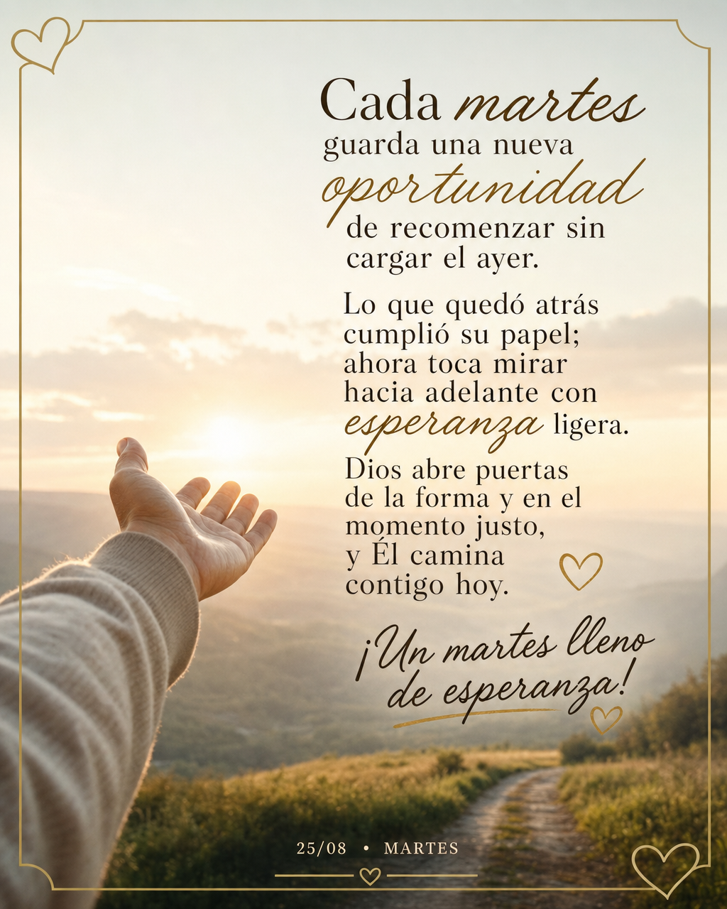 Cada martes guarda una nueva oportunidad de recomenzar sin cargar el ayer. Lo que quedó atrás cumplió su papel; ahora toca mirar hacia adelante con es...