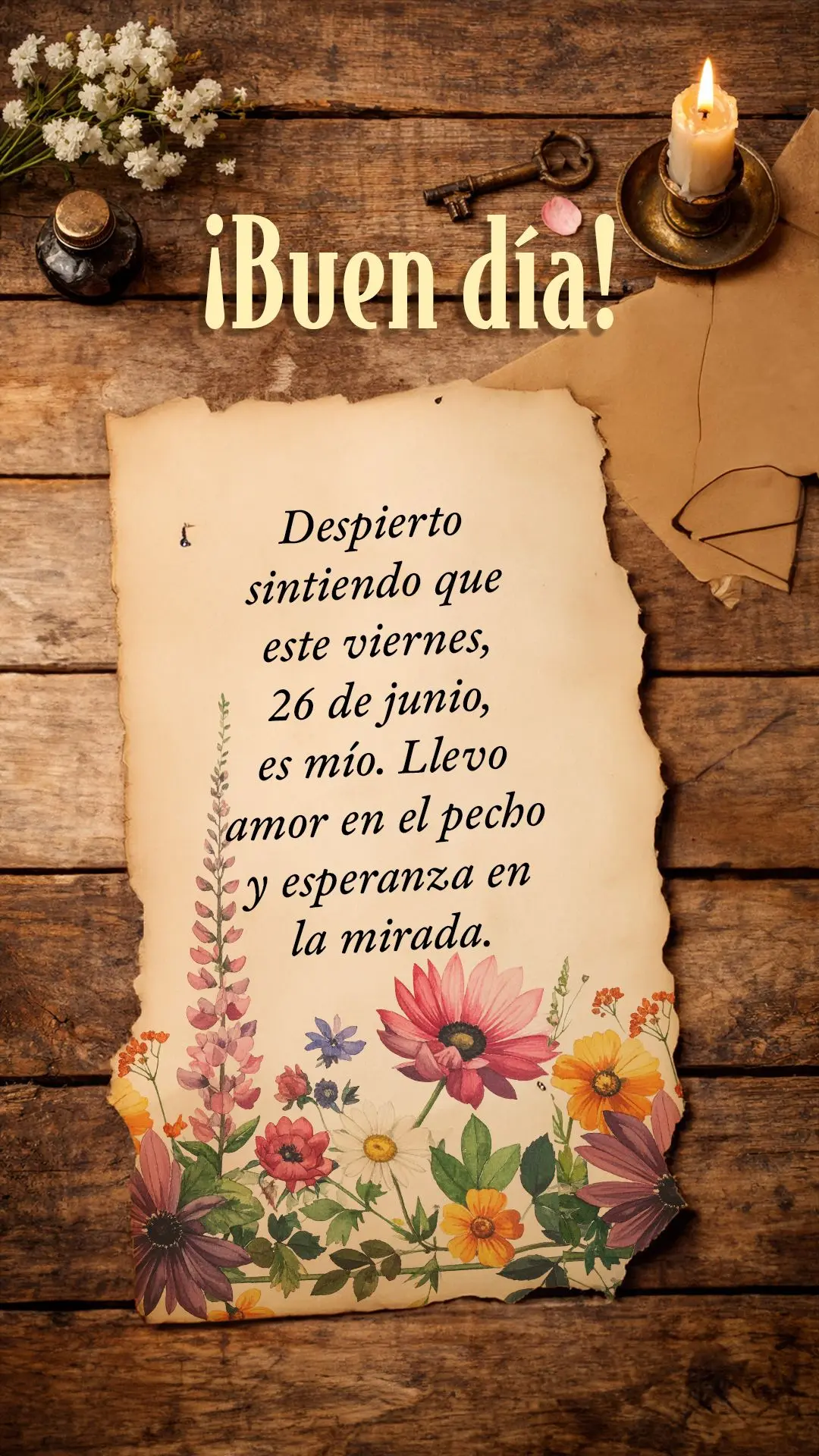 Despierto sintiendo que este viernes, 26 de junio, es mío. Llevo amor en el pecho y esperanza en la mirada. Buenos días, vida querida.