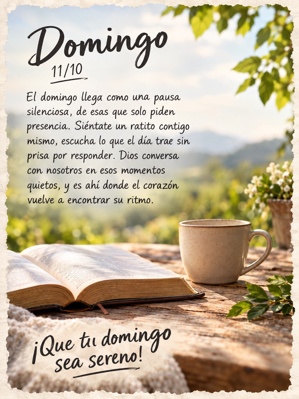 El domingo llega como una pausa silenciosa, de esas que solo piden presencia. Siéntate un ratito contigo mismo, escucha lo que el día trae sin prisa po...