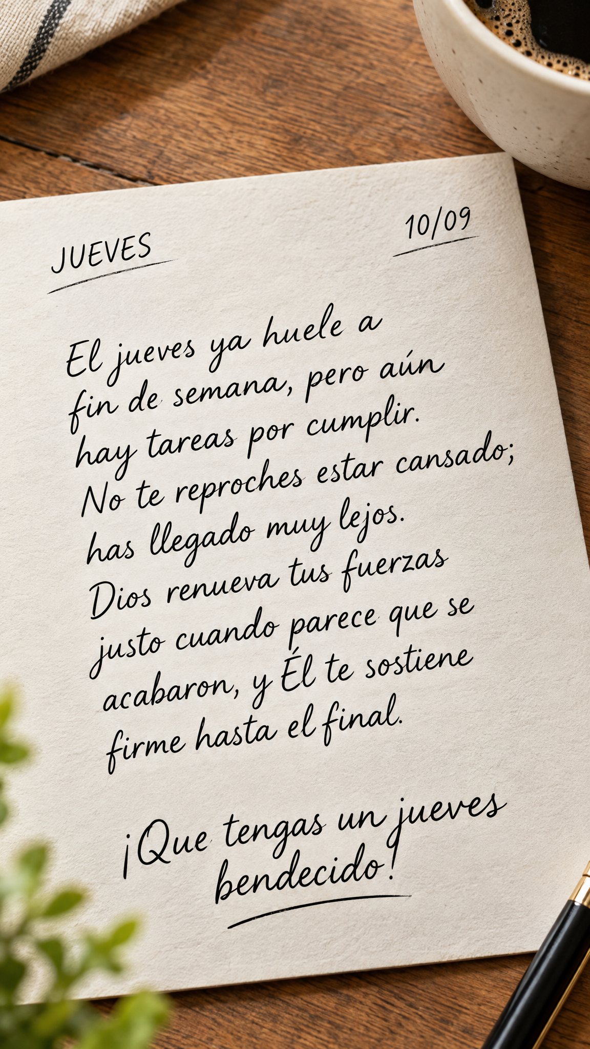 El jueves ya huele a fin de semana, pero aún hay tareas por cumplir. No te reproches estar cansado; has llegado muy lejos. Dios renueva tus fuerzas just...