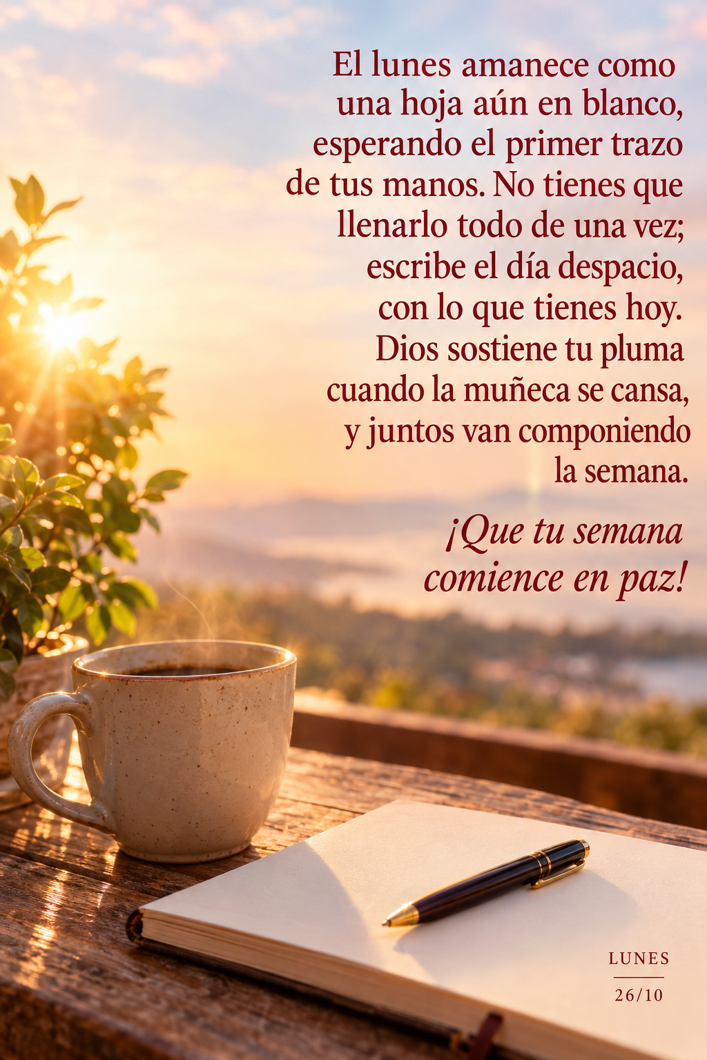 El lunes amanece como una hoja aún en blanco, esperando el primer trazo de tus manos. No tienes que llenarlo todo de una vez; escribe el día despacio, ...