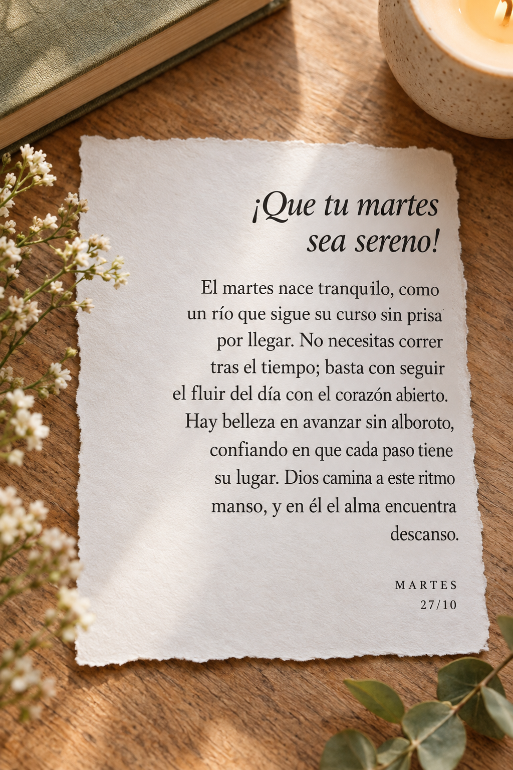 El martes nace tranquilo, como un río que sigue su curso sin prisa por llegar. No necesitas correr tras el tiempo; basta con seguir el fluir del día co...