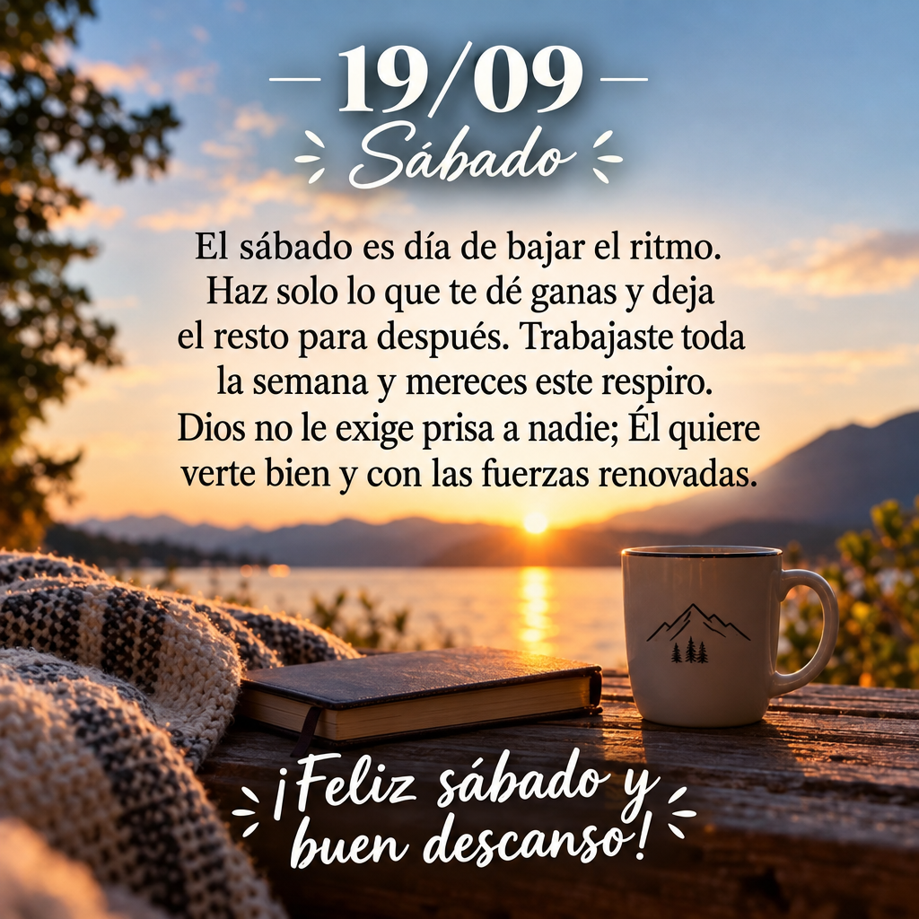 El sábado es día de bajar el ritmo. Haz solo lo que te dé ganas y deja el resto para después. Trabajaste toda la semana y mereces este respiro. Dios ...