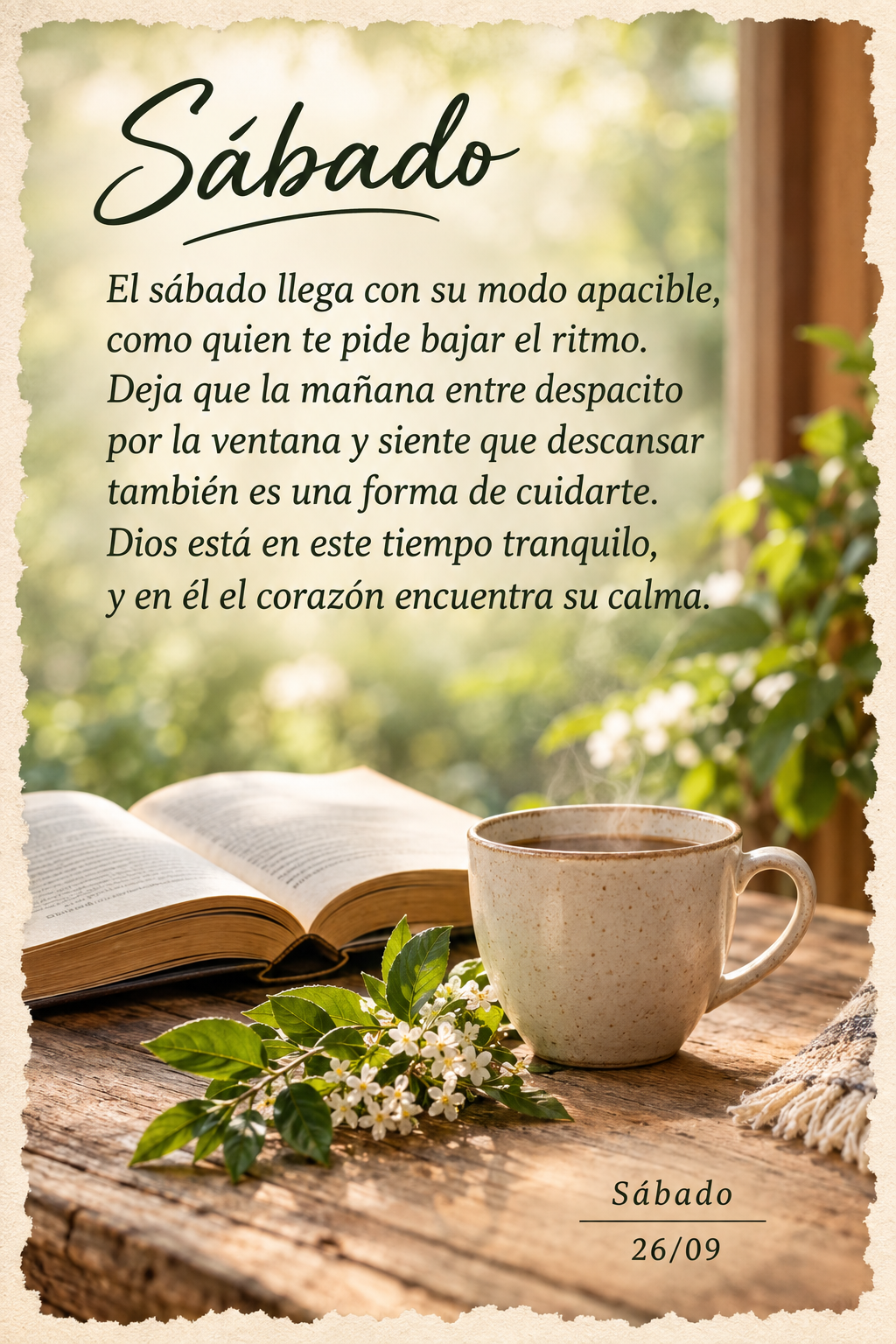El sábado llega con su modo apacible, como quien te pide bajar el ritmo. Deja que la mañana entre despacito por la ventana y siente que descansar tambi...